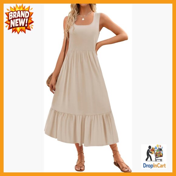 Dresses & Skirts - Sleeveless Square Neck Pleated Swing Maxi Dress Casual Tiered Flowy with Pockets